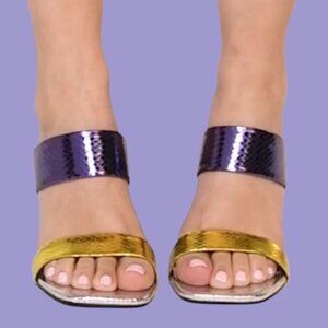 Cathy Din Faux Snake Skin Print Block Heel Sandals Womens Purple Gold Size 6.5
